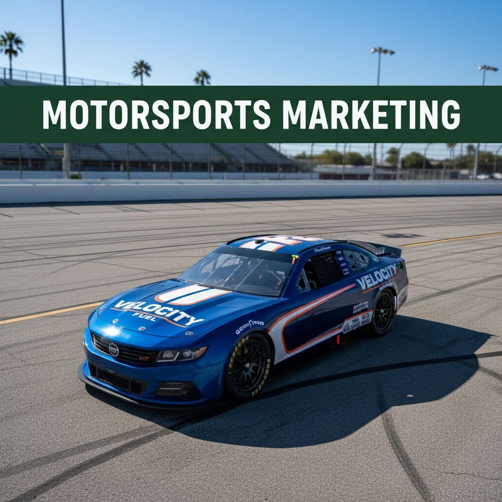 A race car sits on an asphalt track under bright sun with a branded header above.