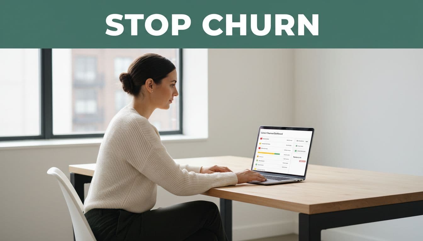Account manager seated at desk views laptop screen showing contract renewal dashboard under top 'Stop Churn' green headline band.