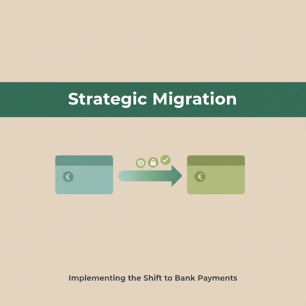Stylized conceptual illustration of bank transfer process with dark green top band displaying 'Strategic Migration' text on neutral background.