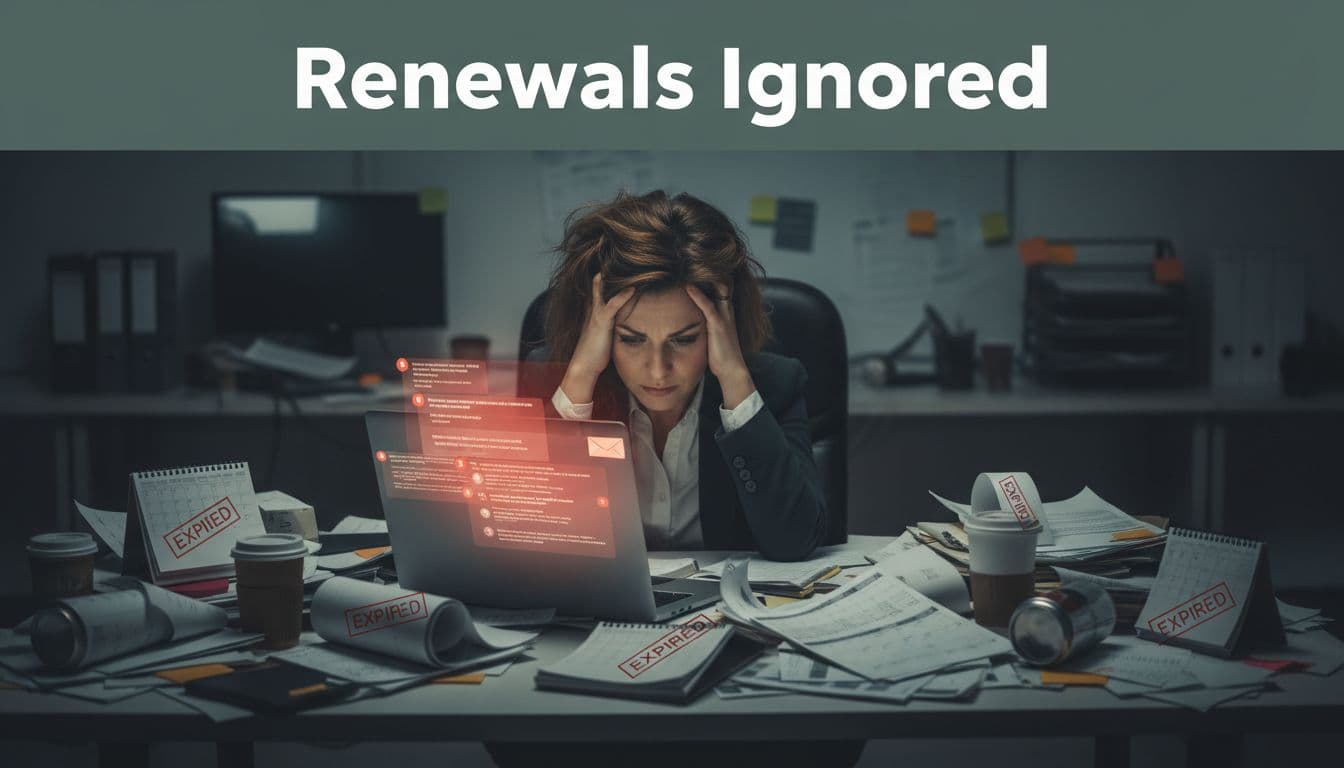 Stressed account manager at cluttered desk buried in expired calendars and laptop alerts, dark-green top band reads 'Renewals Ignored'.