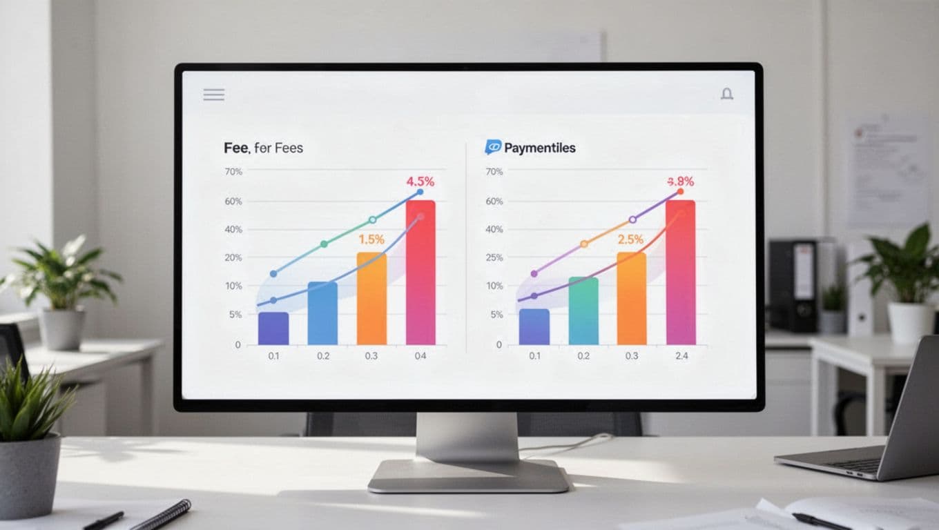Side-by-side charts on digital dashboard compare Stripe and Adyen fee percentages in infographic style.