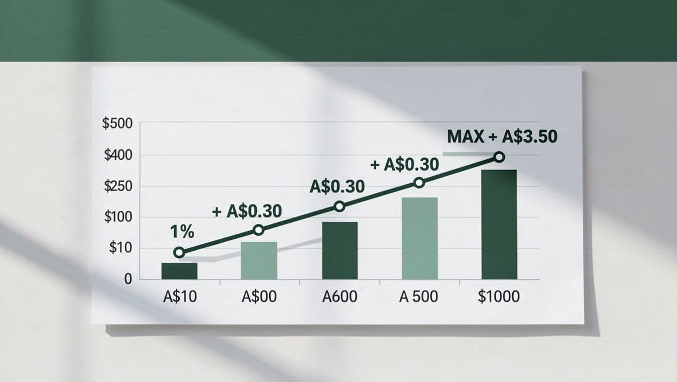 Infographic with dark-green header 'BECS Fee Structure' above graph showing 1% + A$0.30 fees capped at A$3.50 for A$10-A$1000.