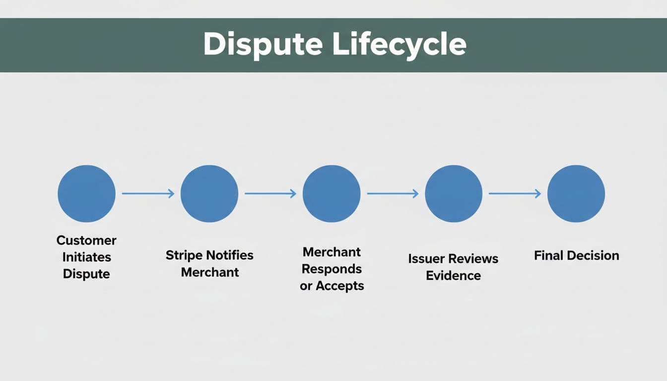 Horizontal flowchart depicting the five steps of the Stripe chargeback process: customer initiates dispute, Stripe notifies merchant, merchant responds, issuer reviews evidence, and final decision, using connected circular icons on a light gray background with a bold 'Dispute Lifecycle' headline on a dark-green band.