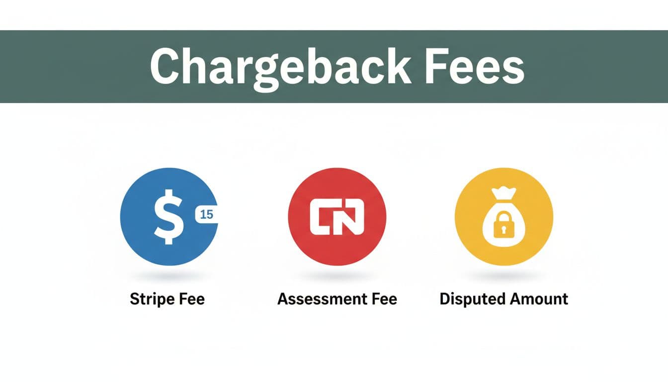 Simple vector illustration of Stripe chargeback fee components: three icons for $15 Stripe fee, credit card assessment fee, and disputed amount, arranged horizontally on a clean white background with a 'Chargeback Fees' headline on a dark-green band.