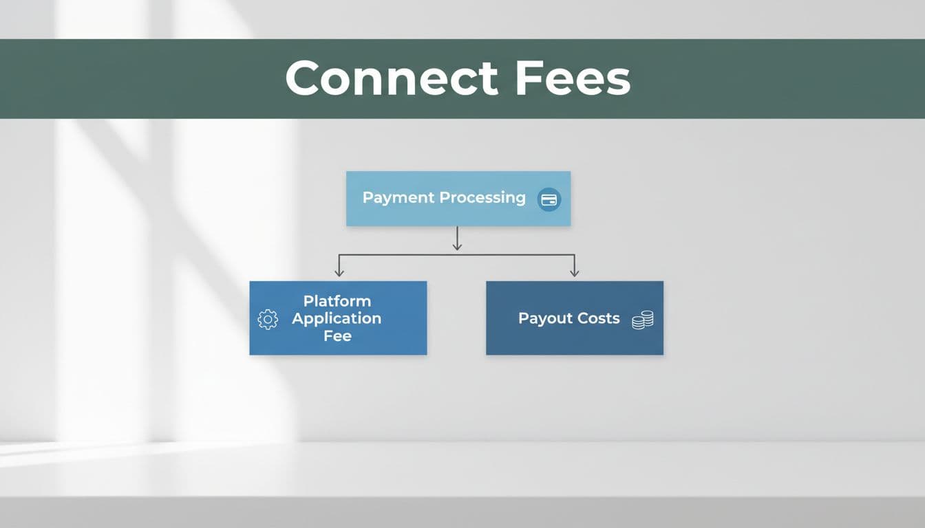 Clean visual diagram of Stripe Connect fee layers including processing, platform application fee, and payout costs in a simple flowchart on a minimalist desk surface with natural daylight.