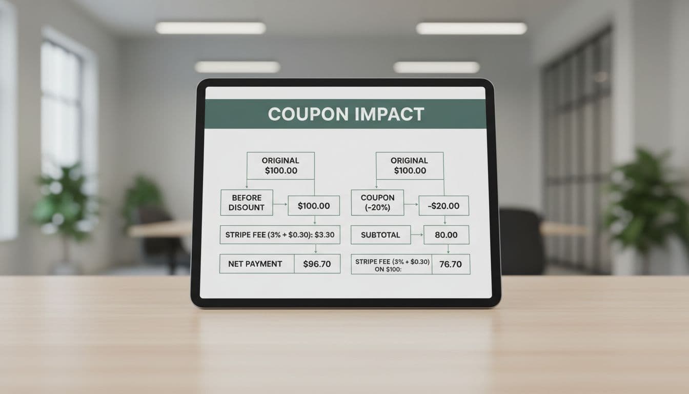 Photorealistic illustration on a tablet screen in a contemporary workspace showing Stripe coupon application on a SaaS subscription invoice, with before-after panels displaying original amount, discount applied, net payment, and full fee charged on original amount.