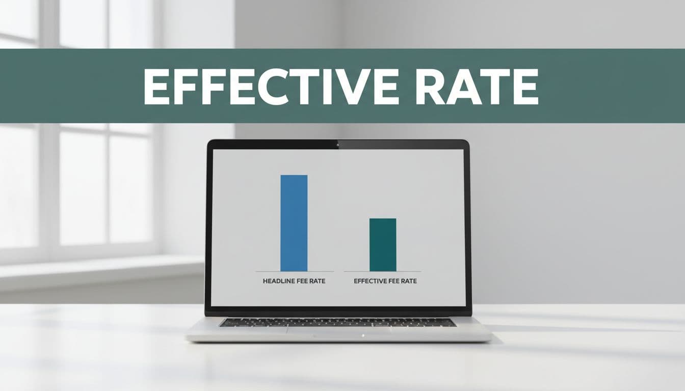 Clean illustration of a financial dashboard with a bar chart comparing Stripe headline fee rate and effective fee rate on a laptop screen in a modern office desk setting with soft daylight lighting and bold 'Effective Rate' headline.