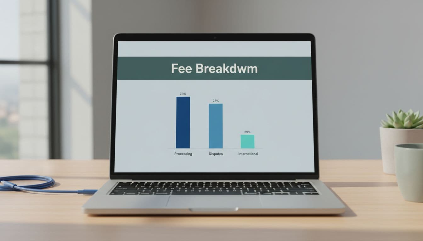 Modern office desk with a single laptop displaying a bar chart breaking down Stripe fees into processing, disputes, and international components, under soft natural lighting in a clean professional style with a bold 'Fee Breakdown' headline.