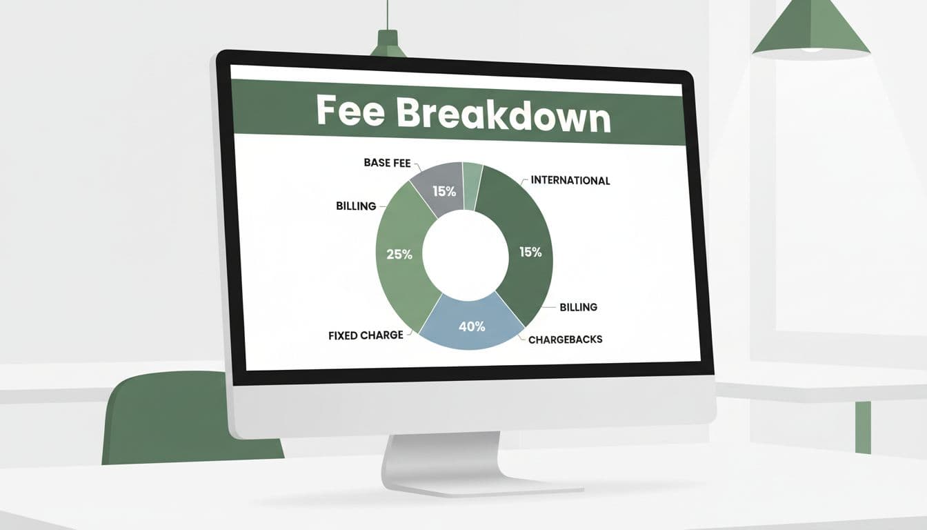 Computer monitor displays pie chart of Stripe fees: base, fixed, international, billing, chargebacks, under 'Fee Breakdown' headline.