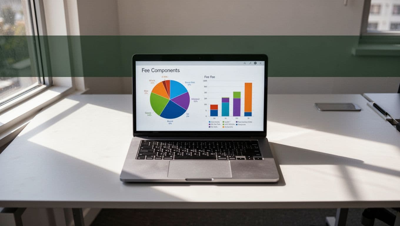 Top-down view of laptop on modern desk displaying pie chart and bar graph of Stripe fees: 2.9% processing, $0.30 flat, 0.4% invoice, international.