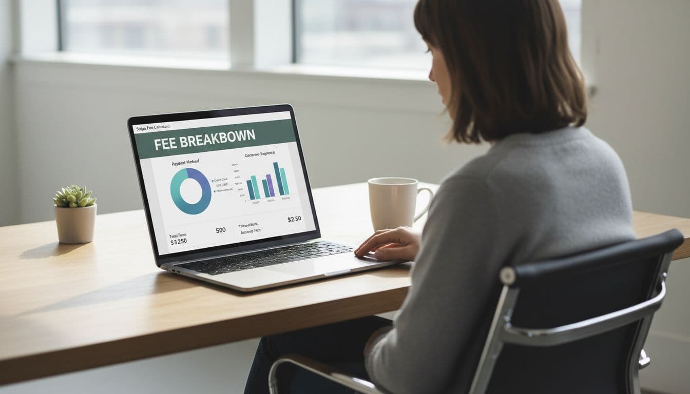 A clean dashboard screen featuring a Stripe fee calculator interface with charts of fee breakdowns by payment method and customer segments, displayed on an open laptop in a modern office desk setting with one person viewing it under soft natural lighting.
