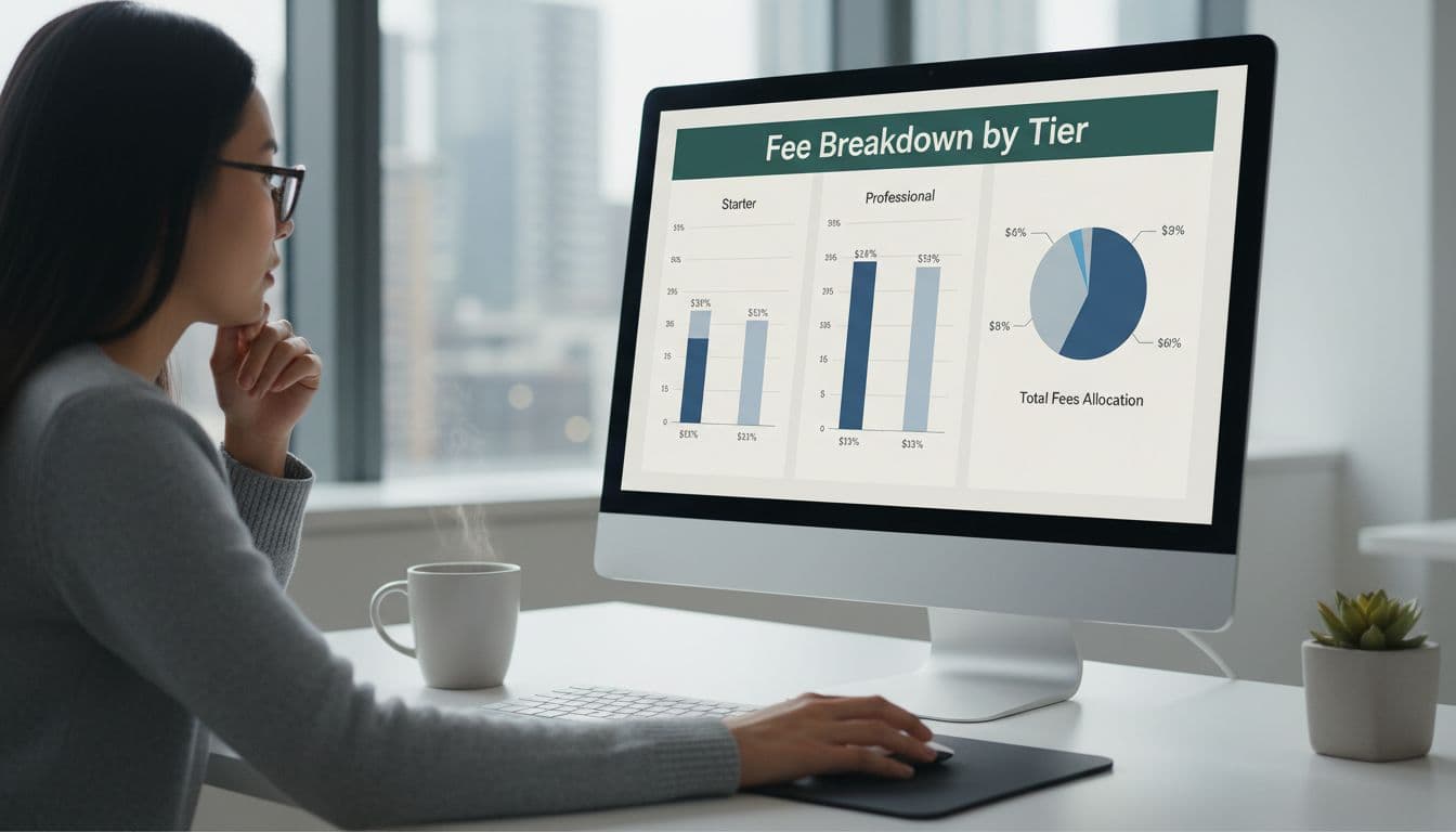 Computer monitor displays Stripe fee breakdown by plan tiers; analyst reviews charts at modern office desk with coffee mug.
