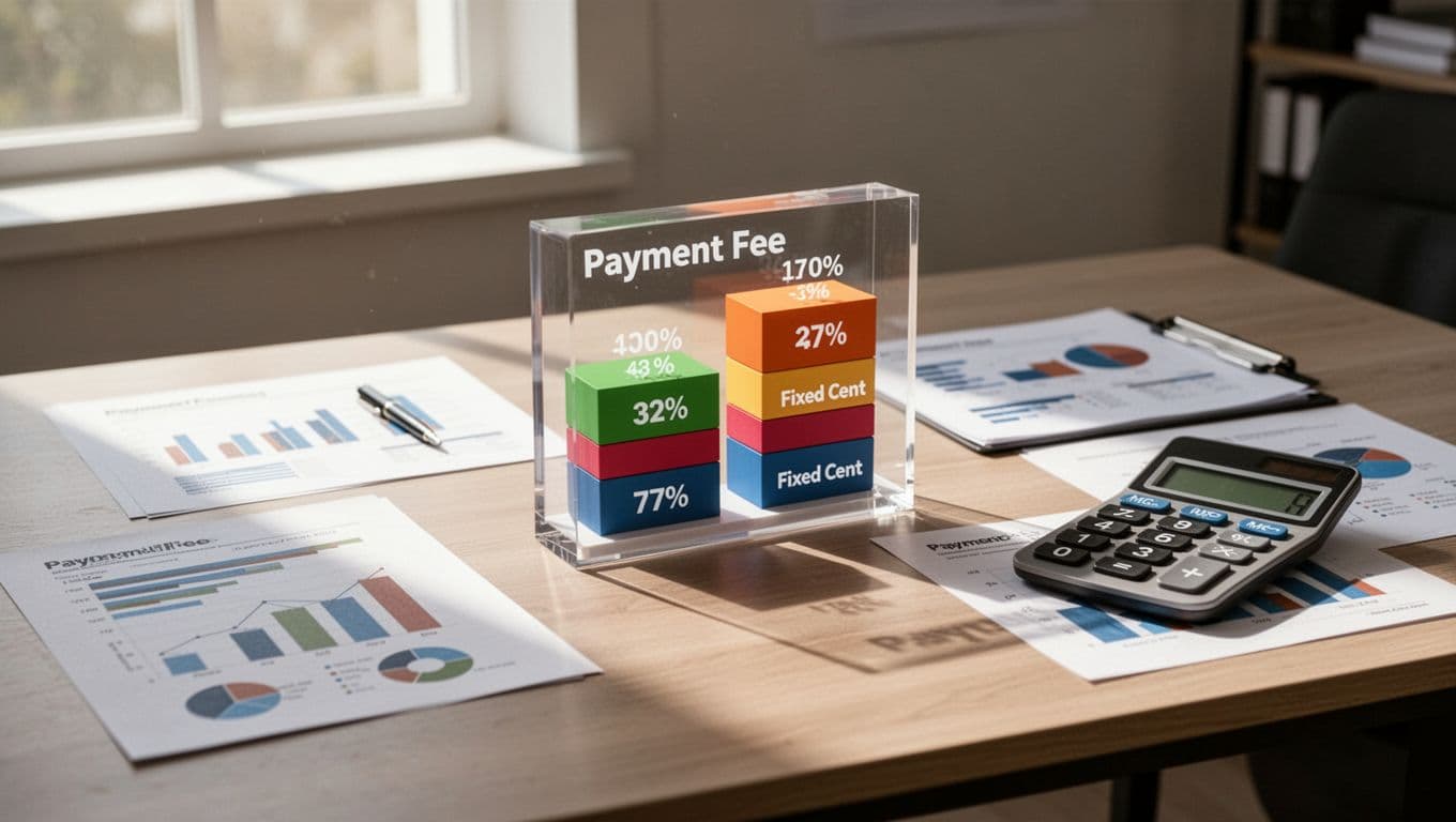 Payment flow diagram on professional desk shows stacked 2.9% and 30-cent Stripe fees, with charts and calculator nearby, under dark-green 'Fee Breakdown' headline.