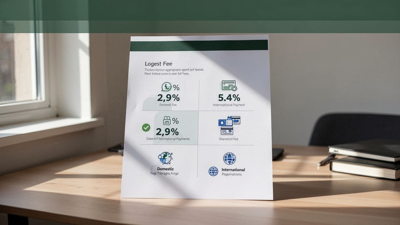 Chart on clean desk displays domestic and international payment fees at 2.9% and 5.4% under dark-green Fee Breakdown headline.