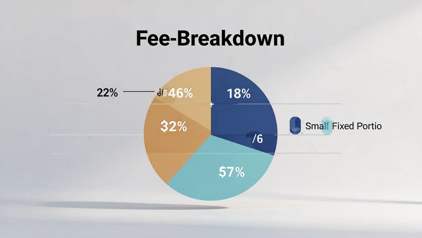 Clean bar or pie chart shows Stripe fees as 2.9% plus 30 cents on $100 transaction under 'Stripe Fee Breakdown' headline on dark-green band.