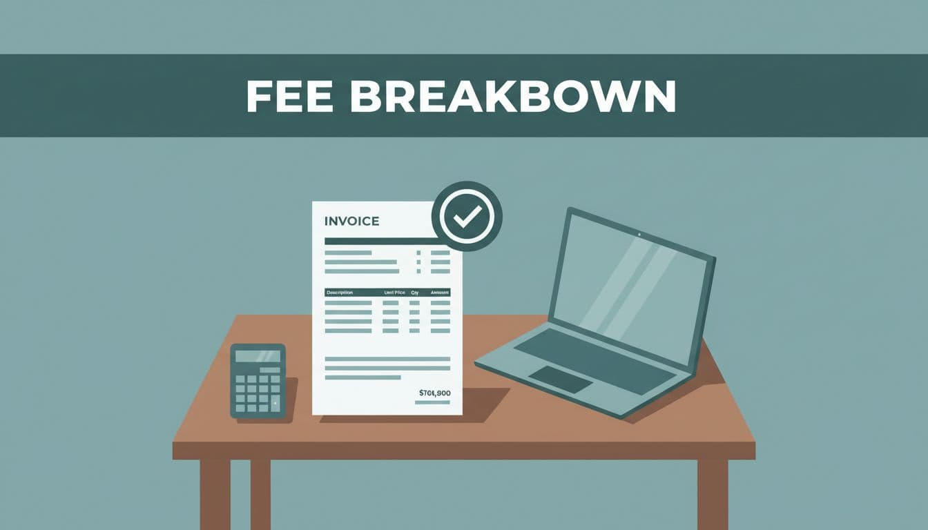 Clean modern invoice document with payment confirmation icons on a sleek wooden desk, calculator, and open laptop in a bright professional office, illustrated in muted blue-green tones with a bold 'Fee Breakdown' header band.