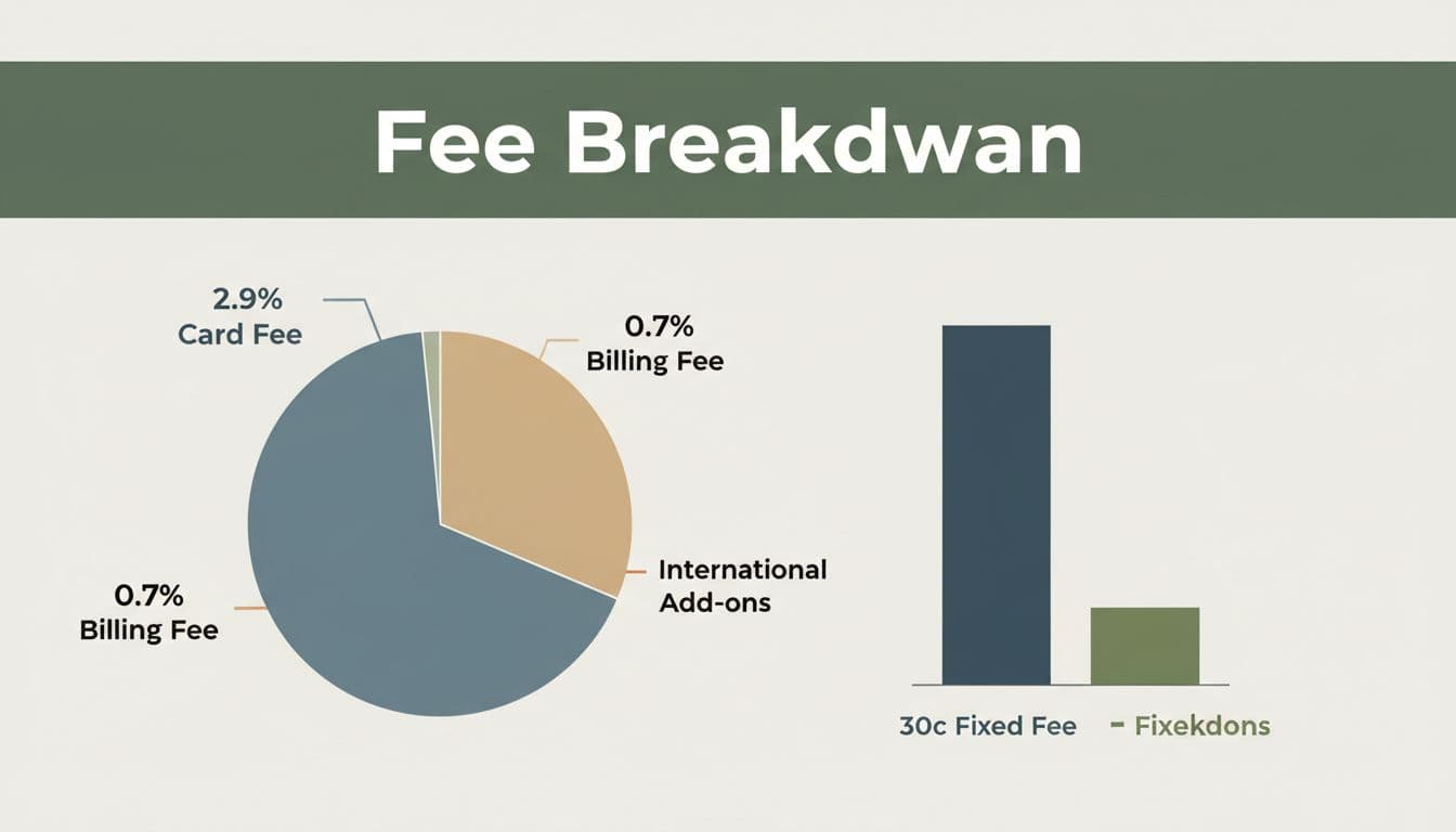 Bold editorial visualization with 'Fee Breakdown' headline on a dark-green band, featuring a centered pie chart and bar graph of Stripe processing fee components like 2.9% card fee, 0.7% billing fee, and 30c fixed charge in a neutral palette on light background.