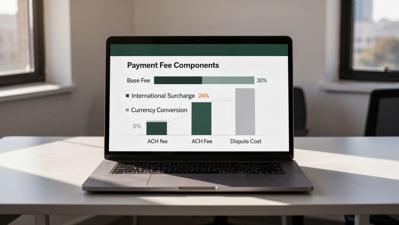 Infographic bar chart displays Stripe SaaS fees: 2.9% + $0.30 standard, international +1.5%, currency 1%, ACH 0.8%, disputes $15; office desk with laptop dashboard background.