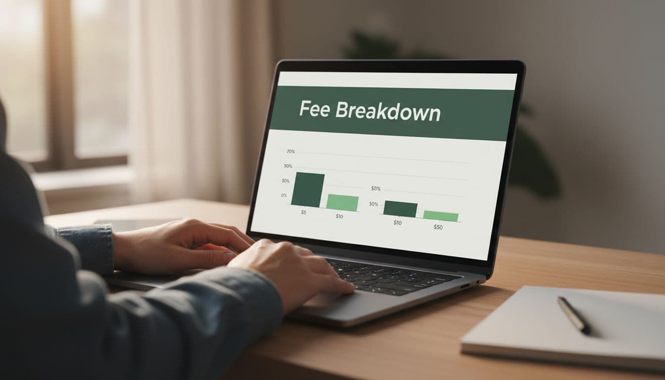 Modern laptop screen displaying simple Stripe fee breakdown chart comparing $5, $10, $50 transactions with high percentage on small ones, in cozy home office with notebook, pen, warm natural lighting, one person from side.