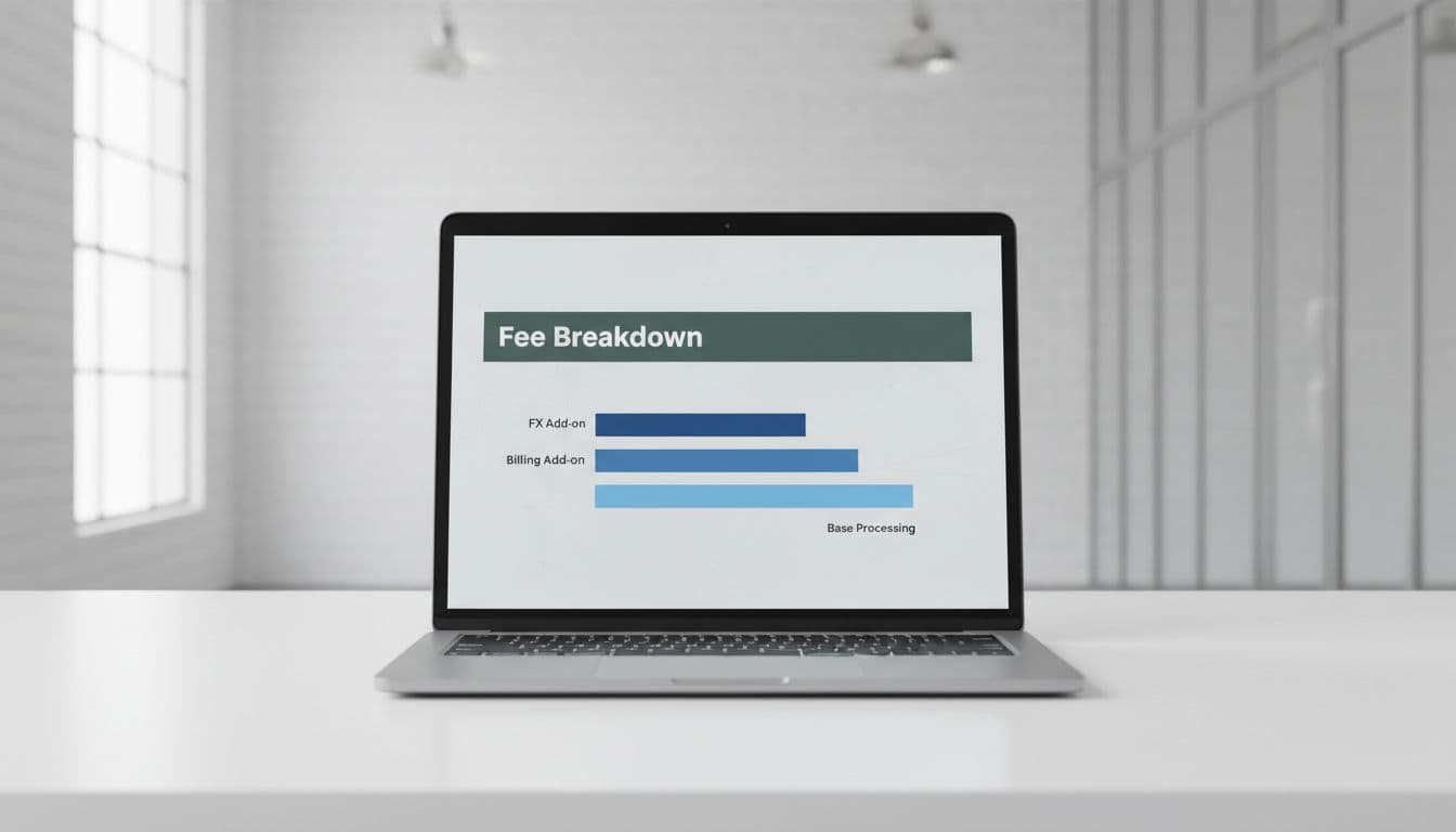 Clean visualization of Stripe fee layers: base processing, billing add-on, international and FX add-ons stacked on a modern SaaS dashboard interface on a sleek laptop screen in a bright office setting.