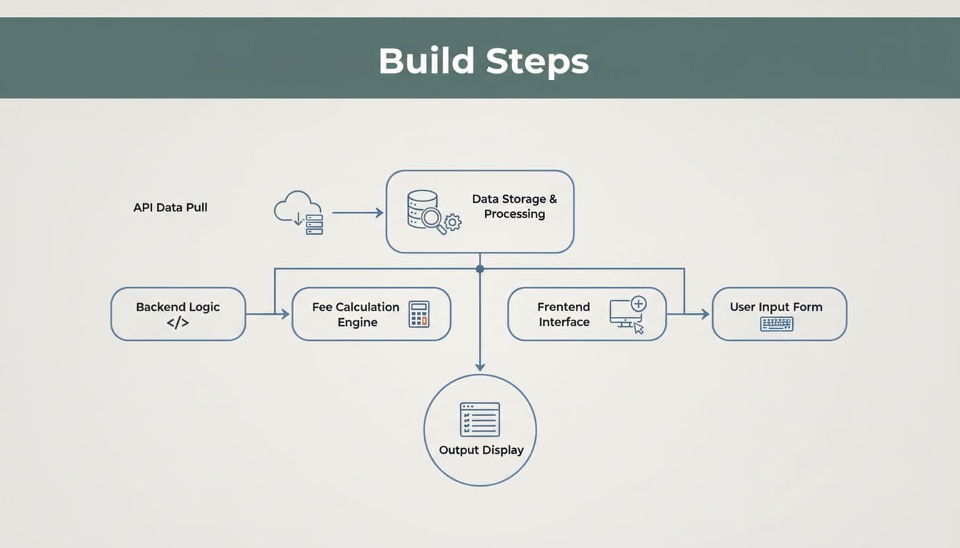 Step-by-step flowchart illustrating the process of building a Stripe fee calculator from API data pull to calculation output, using simple icons for code, database, and frontend on a neutral background with soft lighting.