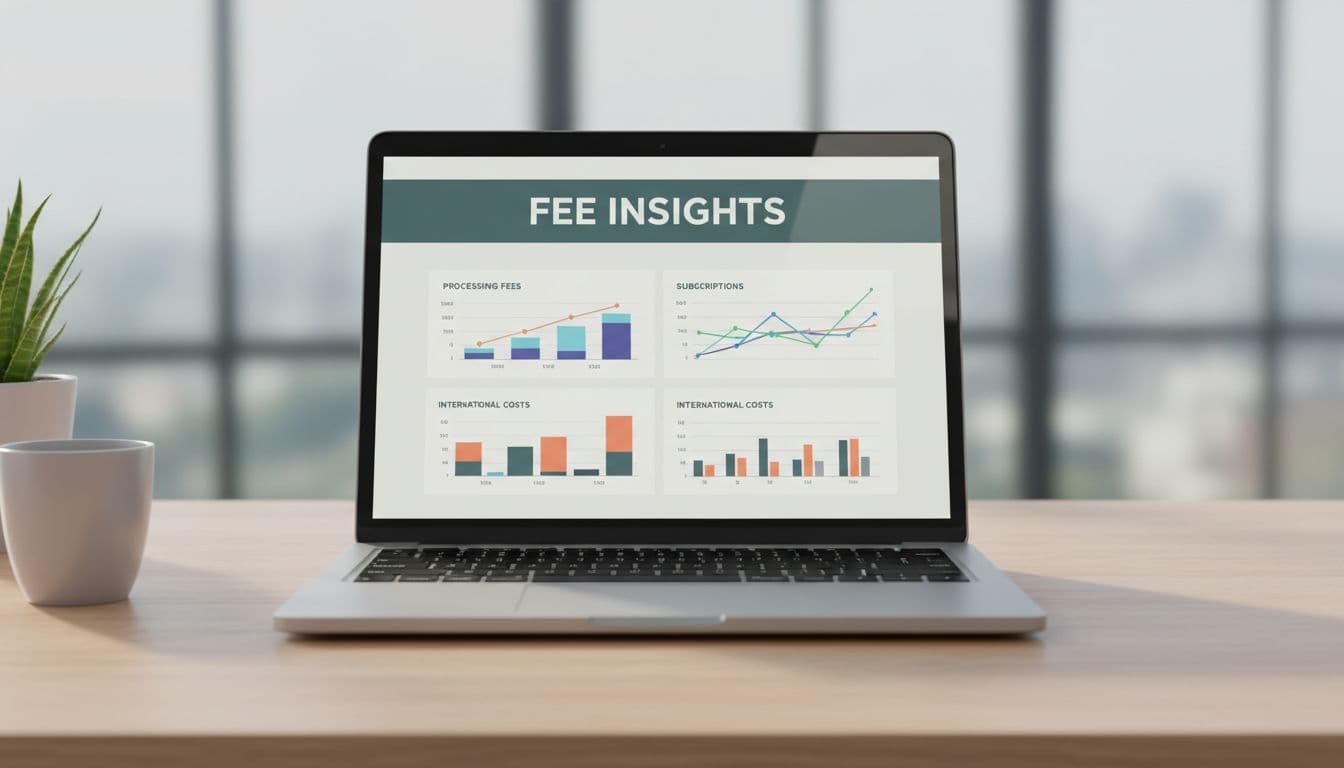 A clean, realistic laptop screen on a modern office desk displays Stripe fee analytics charts with bars and lines for processing fees, subscriptions, and international costs, topped with a 'Fee Insights' headline on a dark-green band.