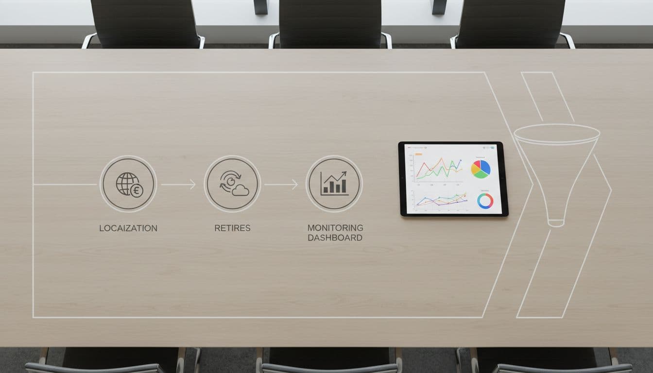 Icons for localization, retries, and monitoring dashboard arranged in a workflow on a conference table with one tablet showing graphs.