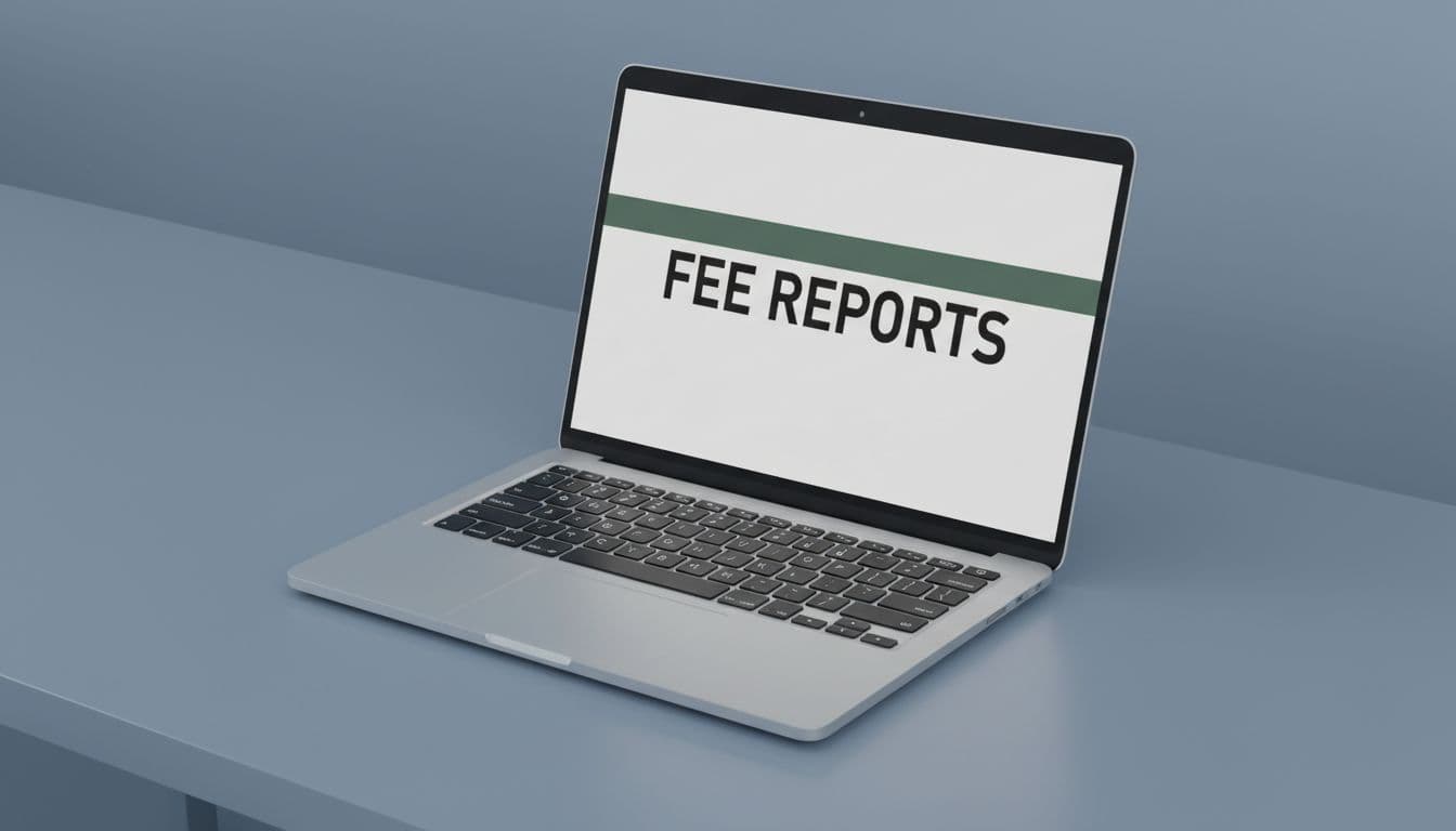 Laptop open to a blurred dashboard interface focused on 'Fee Reports' headline with muted dark-green band, in a professional workspace on sleek desk with blue-gray tones.