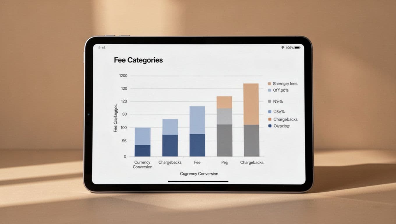 Tablet displays minimalist chart of rising Stripe fees by FX and chargebacks, with 'Hidden Fees' headline on dark-green band.