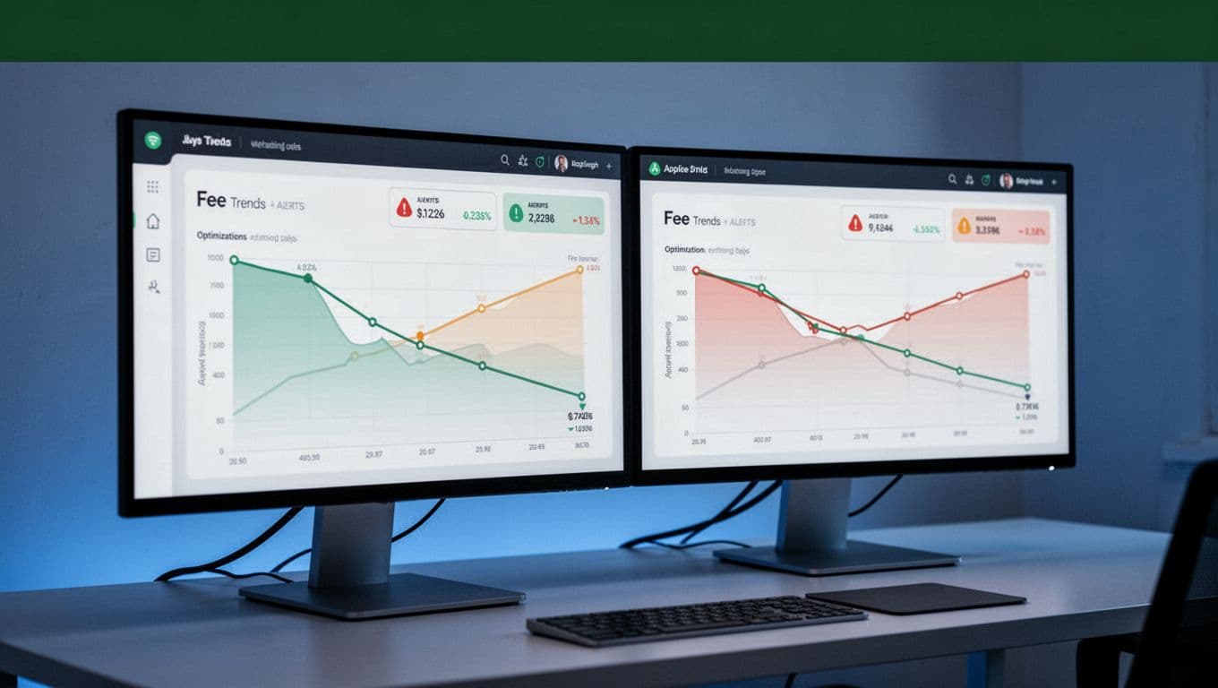 Dual monitors show Stripe fees analytics dashboard with line charts dropping after optimizations and rise alerts.