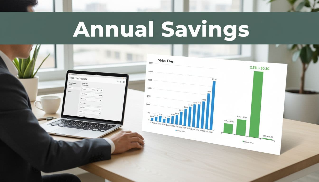 Dual bar charts on a clean modern office desk comparing Stripe fees for monthly versus annual SaaS subscriptions, showing higher rates for 12 monthly payments vs. one annual bar with savings, laptop with fee calculator nearby, one person reviewing under natural light.