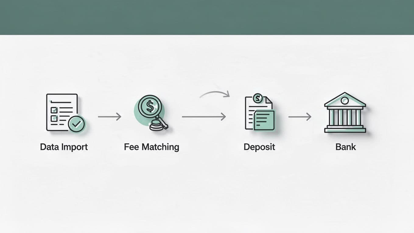 Step-by-step flowchart with icons for data import, fee matching, and bank deposit on white background topped by 'Reconciliation Flow' title band.