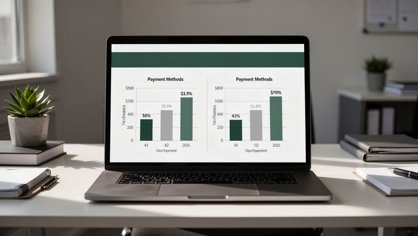 Laptop on office desk shows dashboard chart comparing Stripe fees and wire transfer costs for SaaS invoices under 'Fee Comparison' headline.