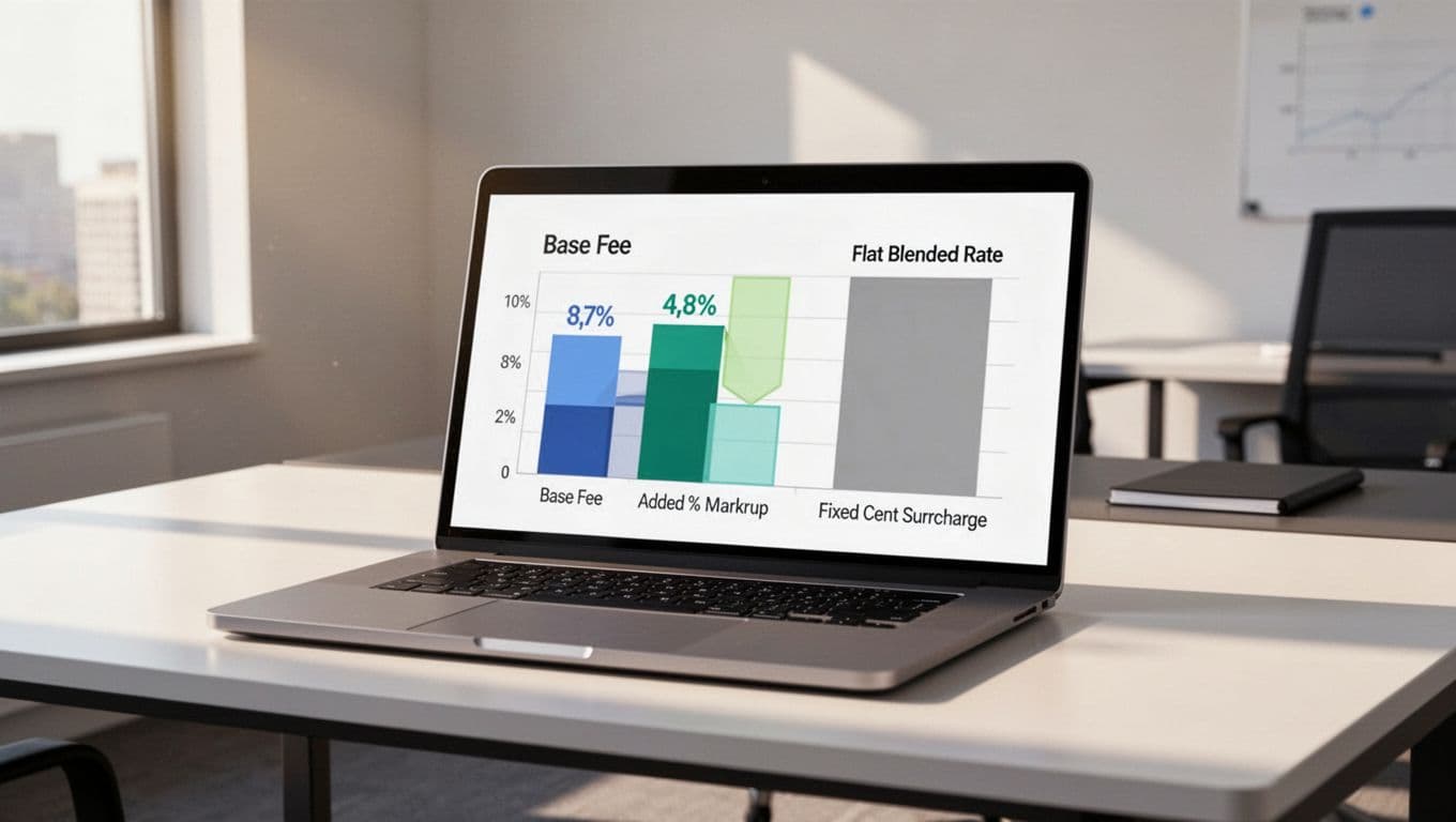 Infographic on modern office desk shows Stripe interchange plus pricing bars compared to flat rate beside laptop with charts.