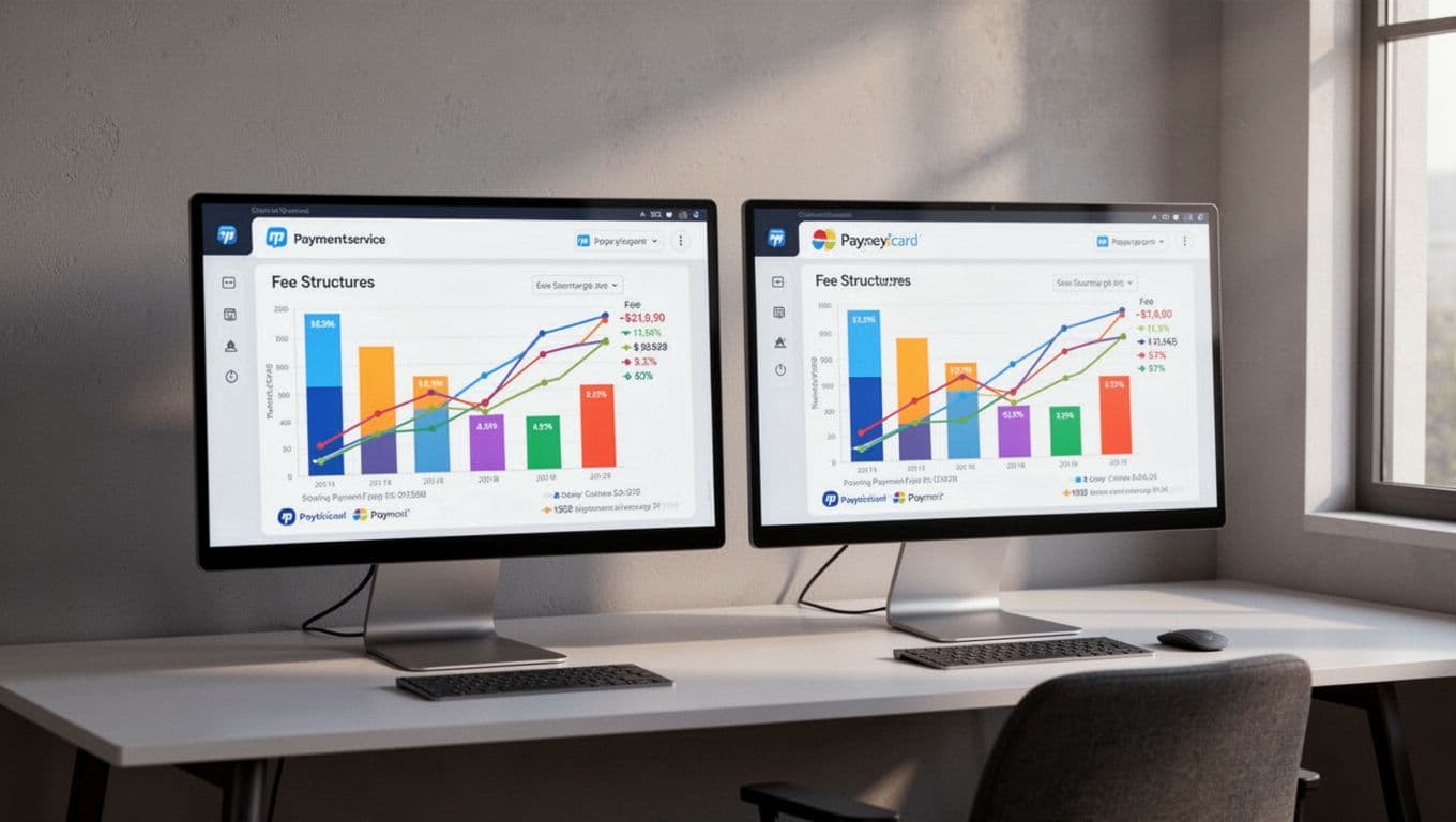 Dual monitors in modern workspace show side-by-side infographic charts comparing Stripe and PayPal SaaS payment fees under soft lighting.