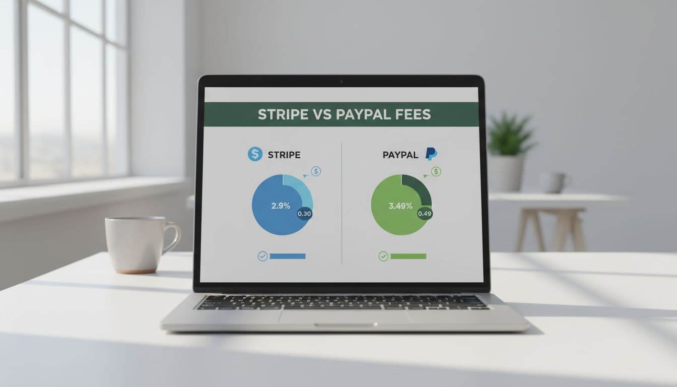 Laptop screen displays side-by-side pie charts comparing Stripe and PayPal fees under bold headline on dark-green band in bright workspace.