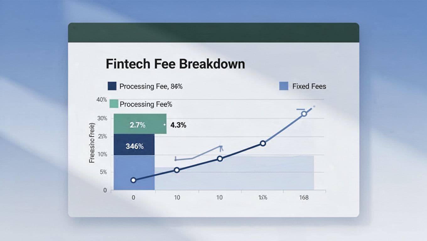 Chart breaks down Stripe fees on prorated SaaS invoice with processing percentages, fixed fees, before/after totals, and fee increase line graph.