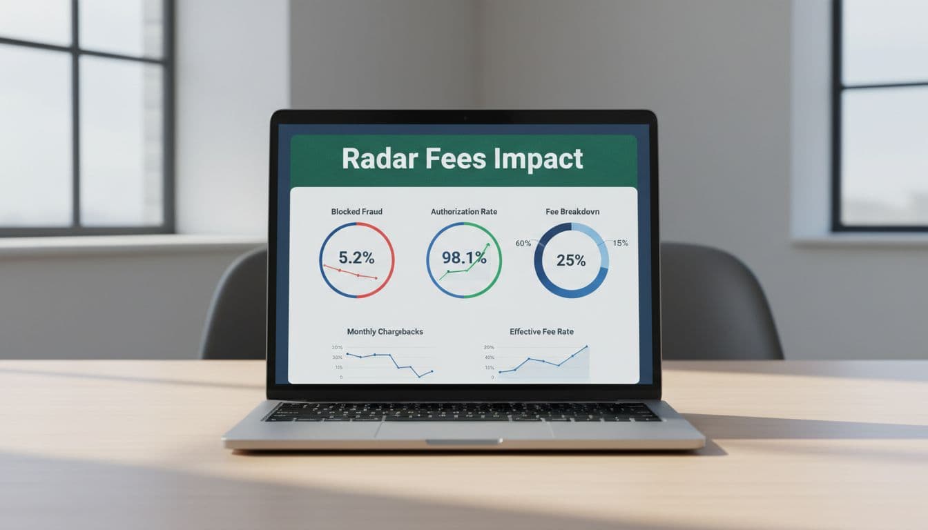 Clean laptop dashboard displaying Stripe Radar fraud analytics charts for blocked fraud, authorization rates, and fee breakdowns in a SaaS business, set on a modern office desk with soft natural light and subtle blue tones. Bold 'Radar Fees Impact' headline in muted dark-green band.