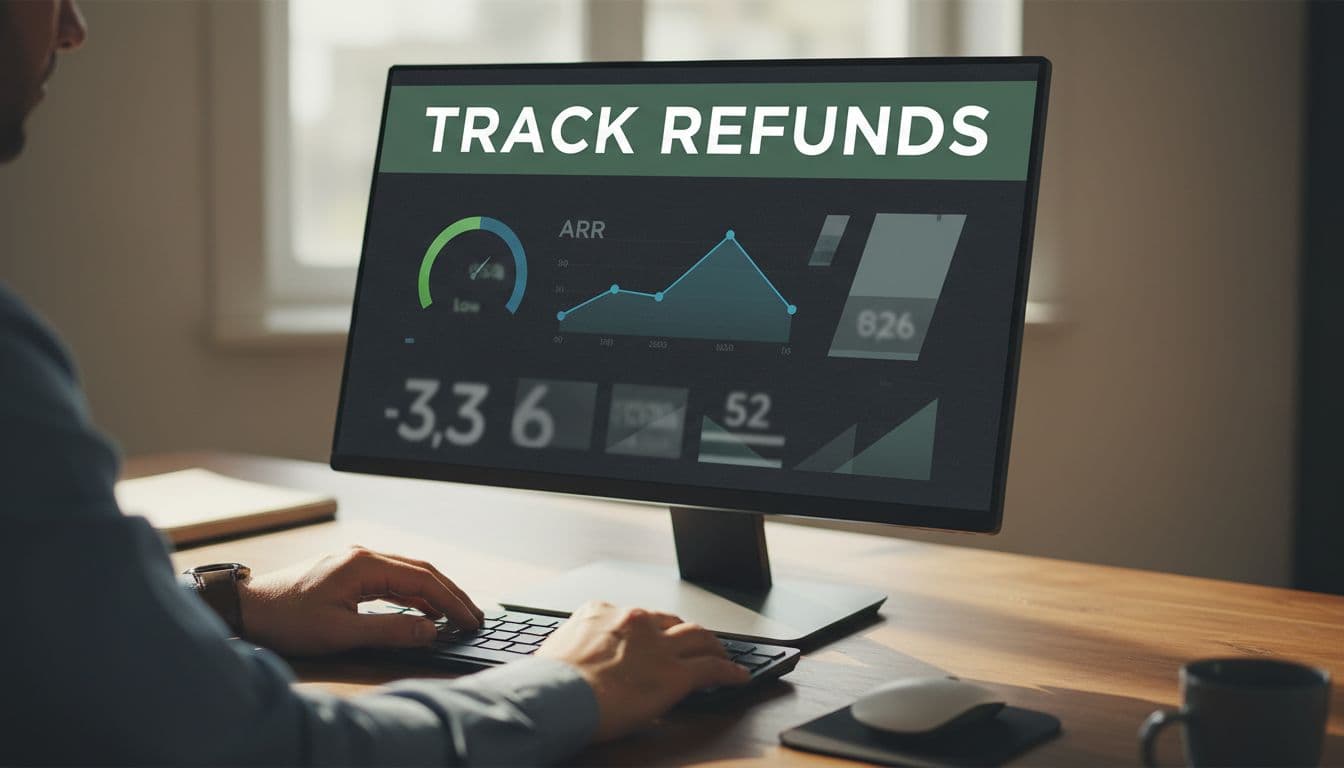 Abstract dashboard view monitoring Stripe refund rates in SaaS finance, with a bold 'Track Refunds' headline, simplified low refund rate gauge, stable ARR line chart, blurred metrics, and a finance professional's hands resting near a keyboard in a softly lit office desk setting.
