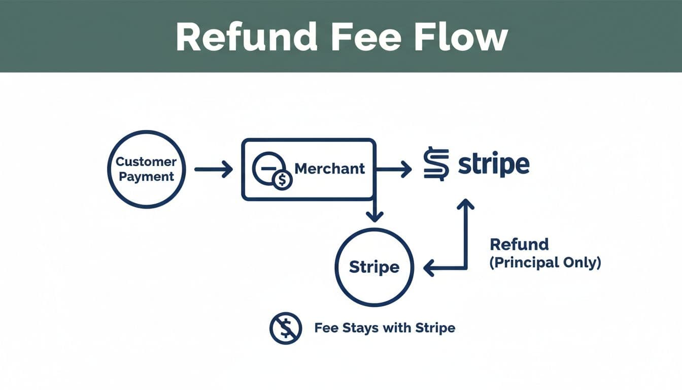 Clean illustration of Stripe refund process in bold editorial style: top dark-green band with headline 'Refund Fee Flow', below a simple flowchart showing customer payment minus fee to Stripe, refund principal only back to customer.