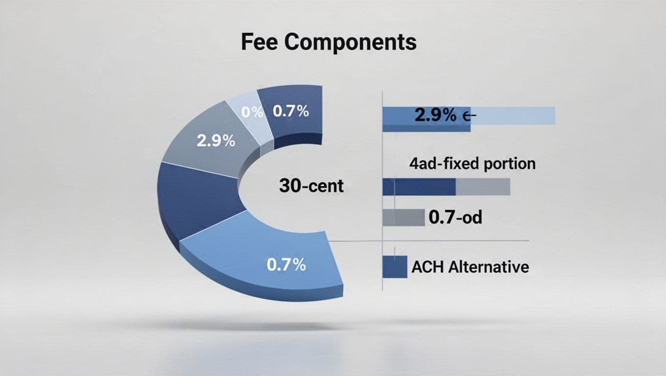Bar chart shows Stripe SaaS fees: 2.9% percentage, 30-cent fixed, 0.7% billing add-on, ACH on neutral background.