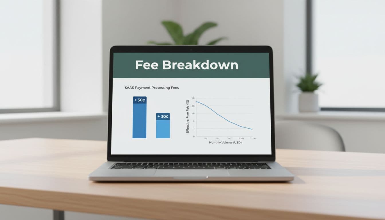 A laptop screen in a minimalist office displays a clean dashboard with stacked percentage bars breaking down Stripe's 2.9% + 30¢ processing fees for SaaS, featuring a bold 'Fee Breakdown' headline on a muted dark-green band.