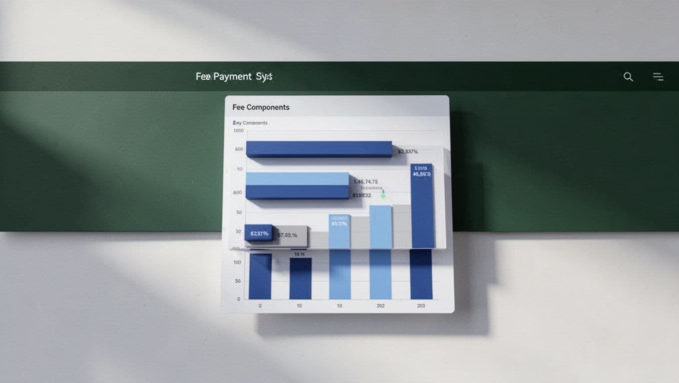 Stacked bar charts on a modern dashboard show Stripe fees: domestic cards 2.9% + 30¢, international add-ons, billing 0.7%, tax 0.5%, under 'Fee Breakdown' headline.