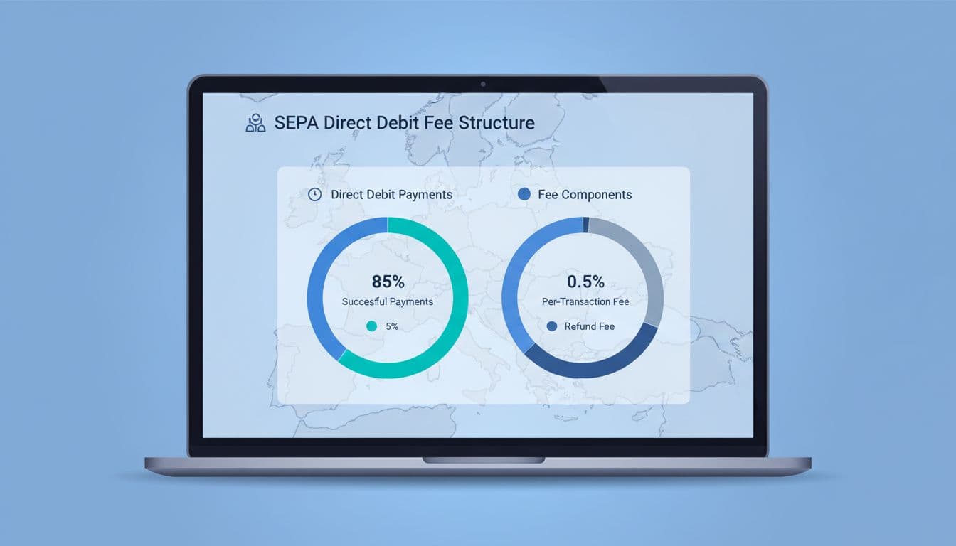 Laptop screen displays SaaS dashboard with Stripe SEPA fee breakdown charts over European map background.
