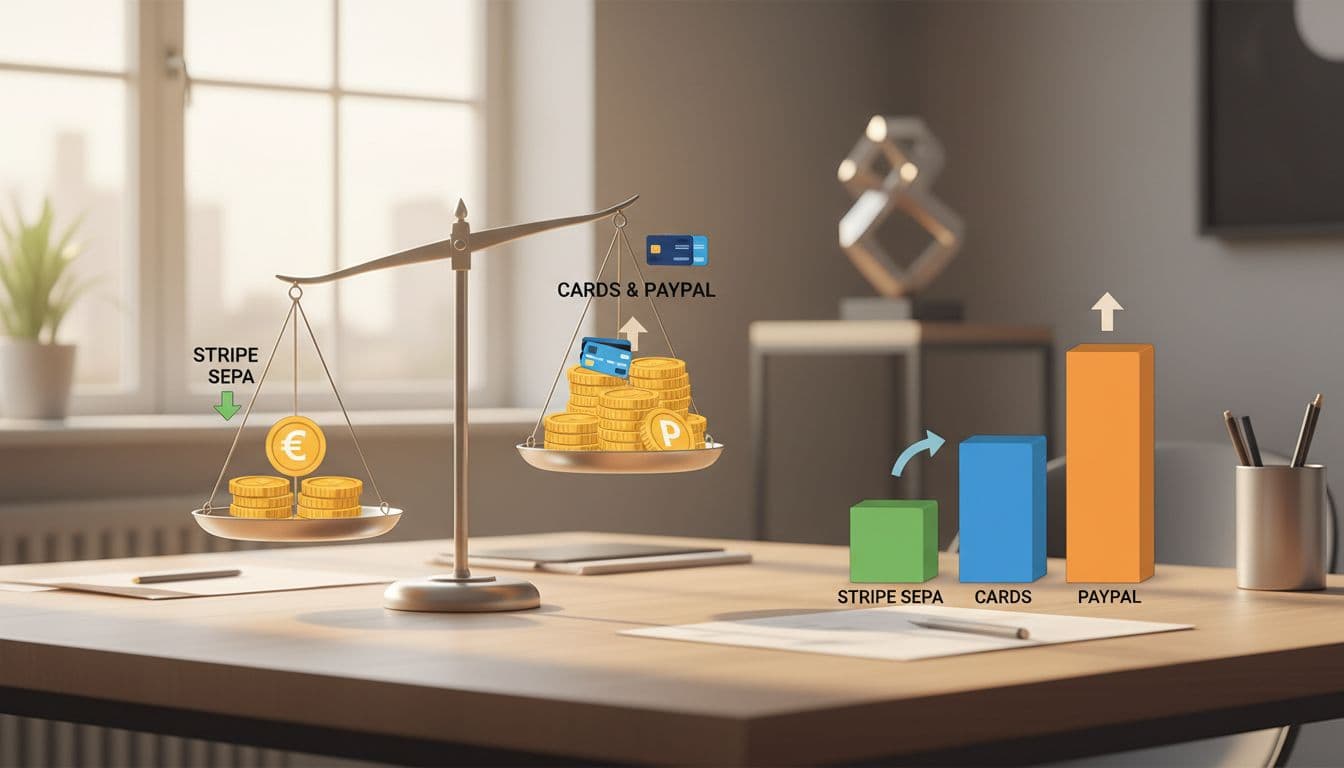 Bar graph on office desk compares Stripe SEPA fees to cards and PayPal for SaaS subscriptions.