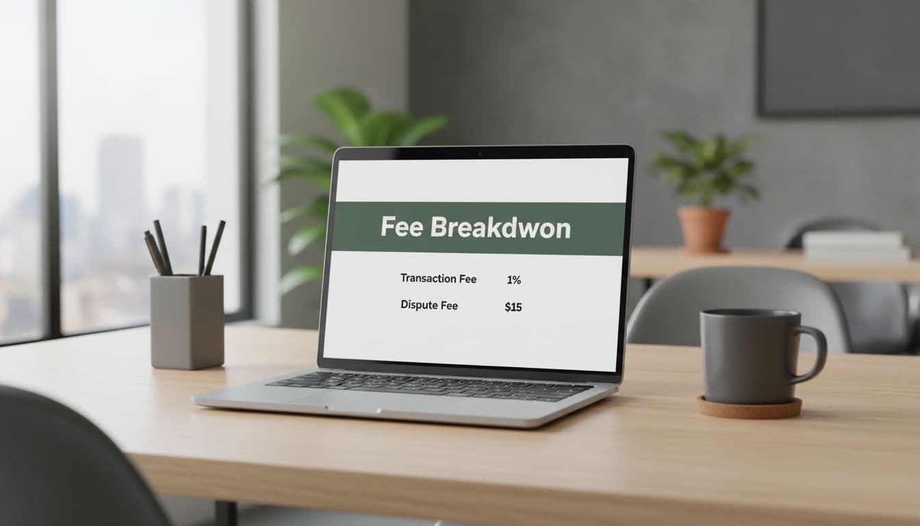 A clean desk setup features a laptop displaying a simple fee breakdown chart for Stripe Tax pricing structure, accompanied by a coffee mug under natural office lighting. Bold editorial style with 'Fee Breakdown' headline on a muted dark-green band.