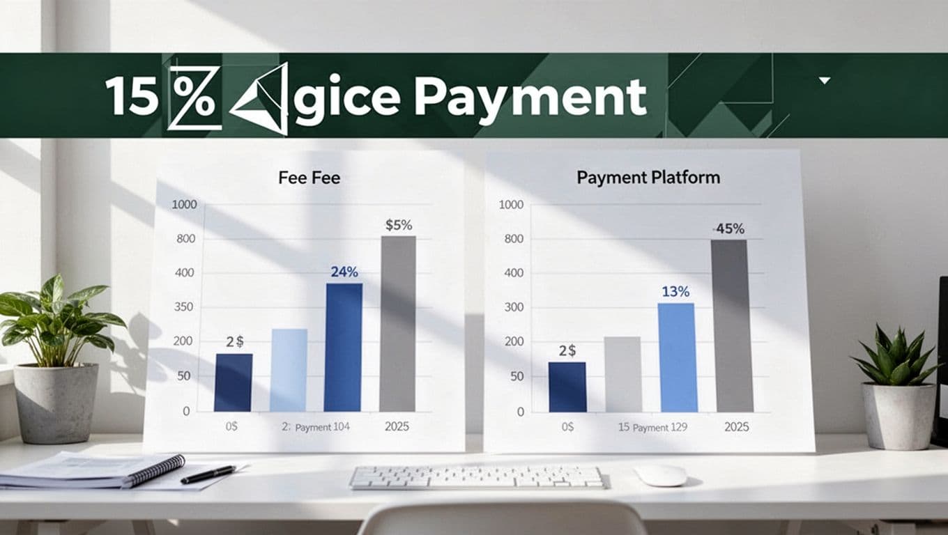 Side-by-side bar charts on a workspace screen compare Stripe and PayPal fees below a dark-green headline band.