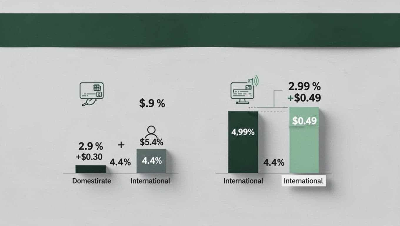 Side-by-side graphic shows Stripe fees on left and PayPal fees on right with top headline on green band.