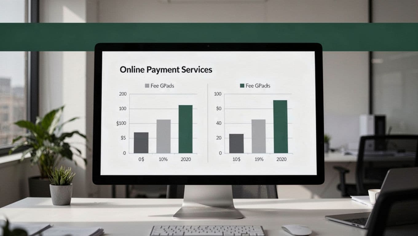 Office scene featuring two side-by-side charts on a monitor comparing Stripe and PayPal fees, with a bold 'Stripe vs PayPal' headline on a muted dark-green band, in a clean editorial style.