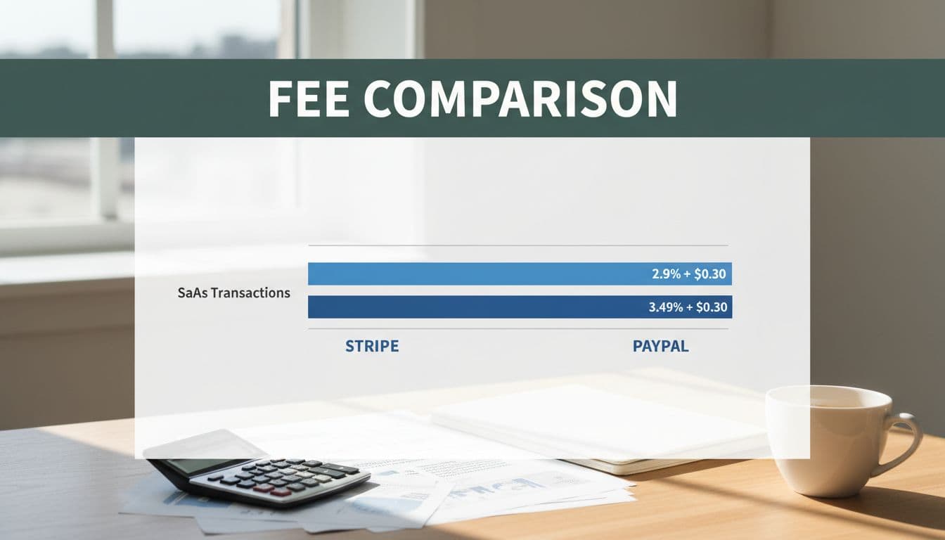 Minimal bar chart comparing Stripe and PayPal transaction fees for SaaS on a desk with papers, calculator, coffee mug, and natural window light, topped with bold 'Fee Comparison' headline on dark-green band.
